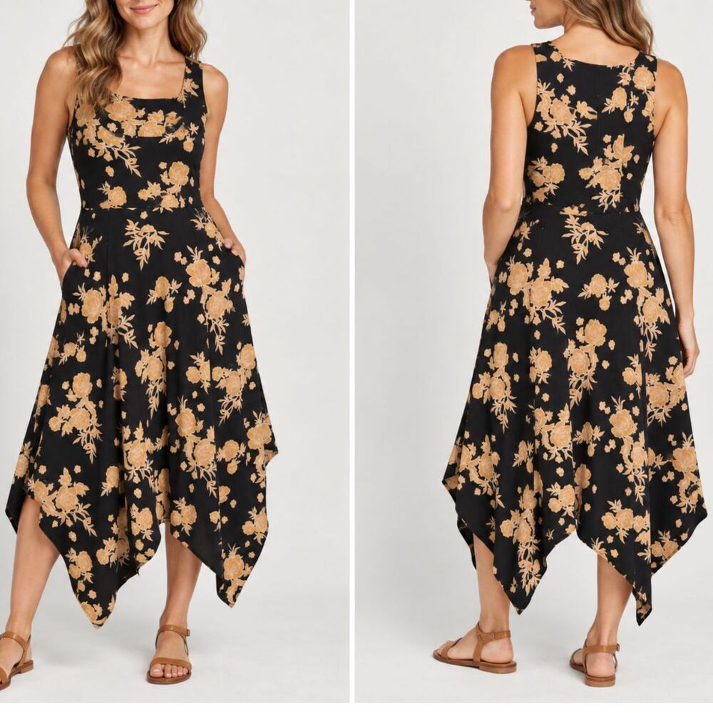 Pact Twilight Floral Midi Dress Size L Black Organic Cotton Handkerchief Hem